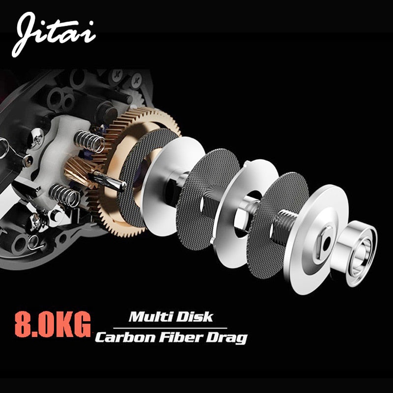 JITAI Baitcast Fishing Reel Larger Fishing Line Capacity 12BBs 7.0:1 Gear Ratio 92MM Extended Handle Knob 8KG Carbon Fiber Drag