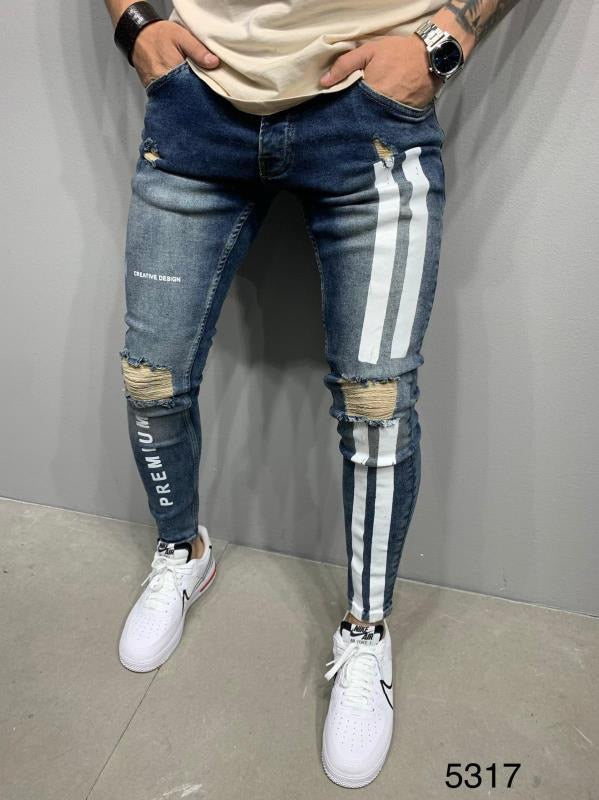 Letter printing Ripped Pencil Jeans Men Skinny Biker Side Striped Jeans Destroyed Hole Hip Hop Slim Fit Jean Men&