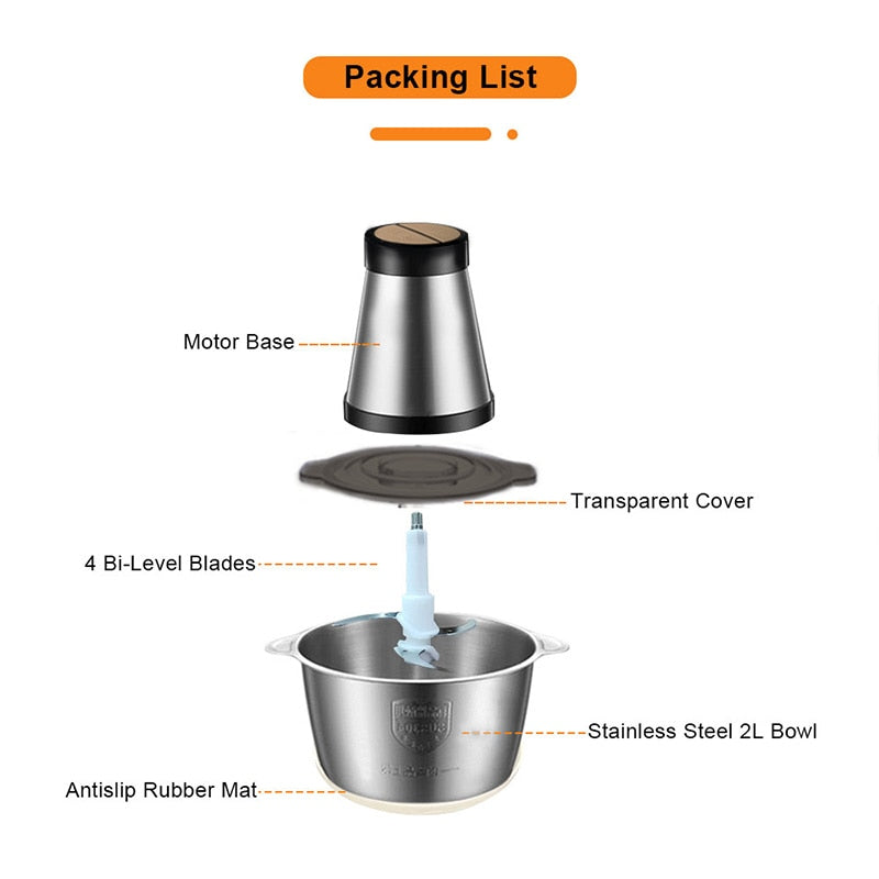 VOA 2 Speeds Electric Chopper Stainless Steel Meat Grinder Mincer Food Processor Slicer  2LCapacity Baby Supplement Machine