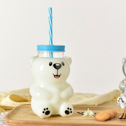 550ml Cute Cartoon Bear Sippy Cup Creative Heat Resistant Glass Water Bottle With Straw Juice Milk Kids Clear Drinking Bottles