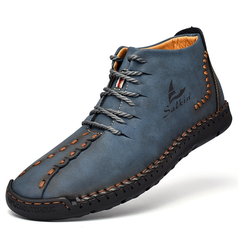 Nuevas botas de cuero hechas a mano para hombre, botines de moda, color caqui, azul, botas de plataforma de otoño para exteriores, zapatos de cuero informales para hombre, primavera