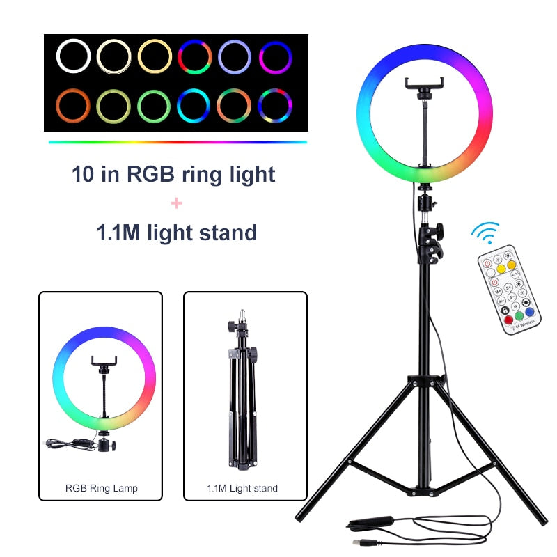 LED 10 inch RGB Dimmable Ring Lamp with Phone Clip Remote Control Photography Colorful Lighting for YouTube Live Stream