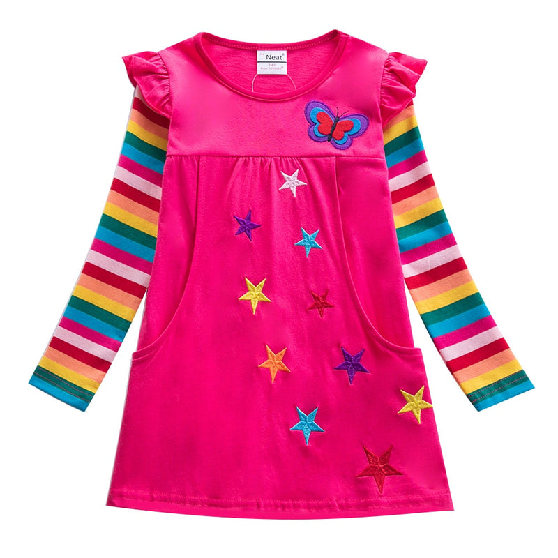 Girls Long Sleeve Star Embroidered Dress Girls Autumn New Style Two Pocket Rainbow Striped Sleeve Cotton Dress LH5809