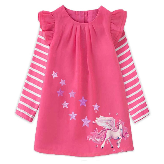 VIKITA Girls Cotton Dress Kids Cartoon Appliqued Vestidos Children Casual Wear Clothes Girls Long Sleeve Patchwork Dresses