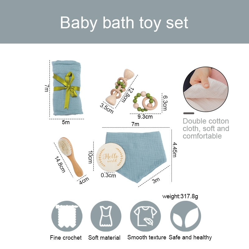 1 Juego de juguetes de baño para bebés, toalla de baño para bebés, pulsera de sonajero de madera, sonajeros de ganchillo, juguetes, productos de baño para bebés, campana para cama