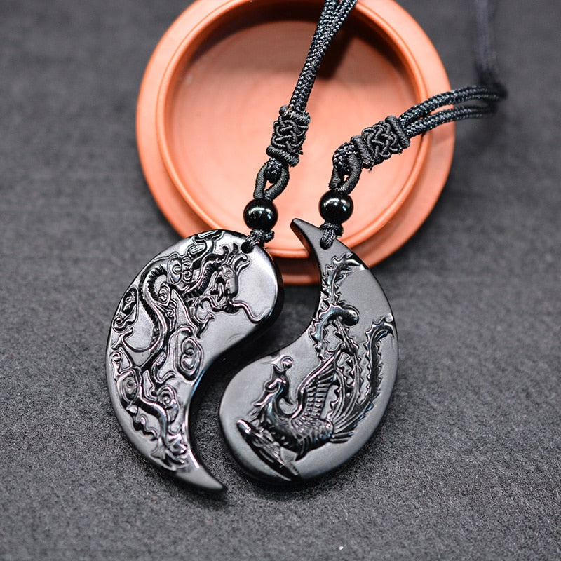 1 Set Obsidian Taichi Dragon and Phoenix Necklace Pendant YIN YANG Pendant Necklace Obsidian Lucky Pendants