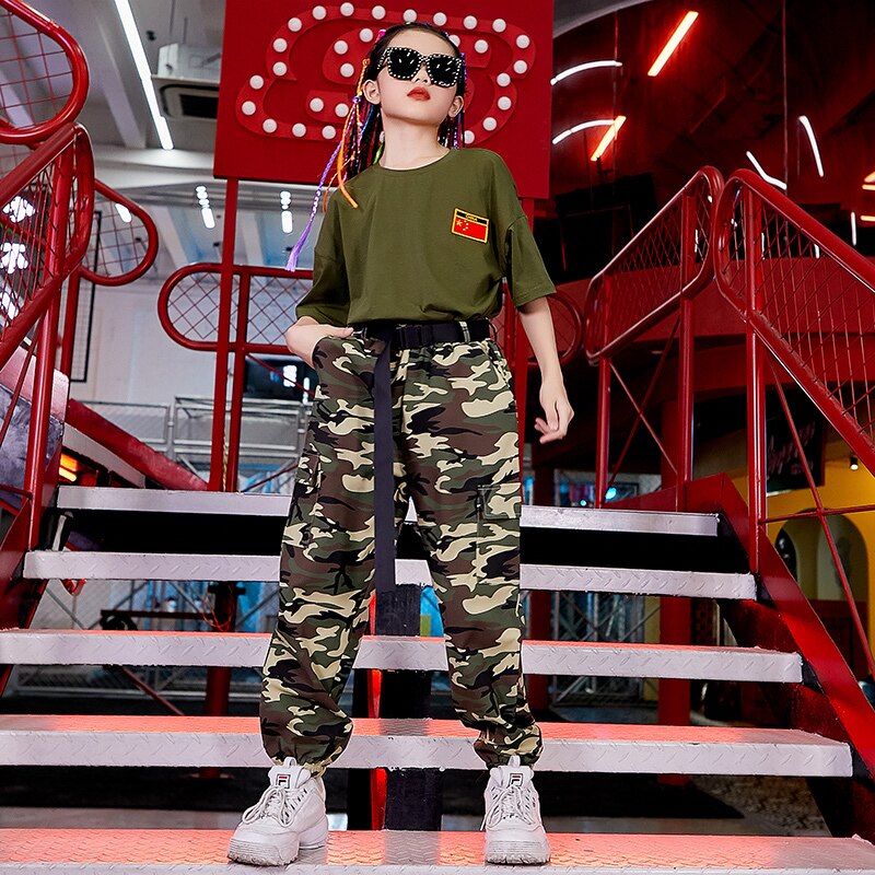 New Hip Hop Girls Clothes Short Sleeve Camouflage Suit Hiphop Pants Boys Street Dancewear Camp Military Training Clothing BL4410