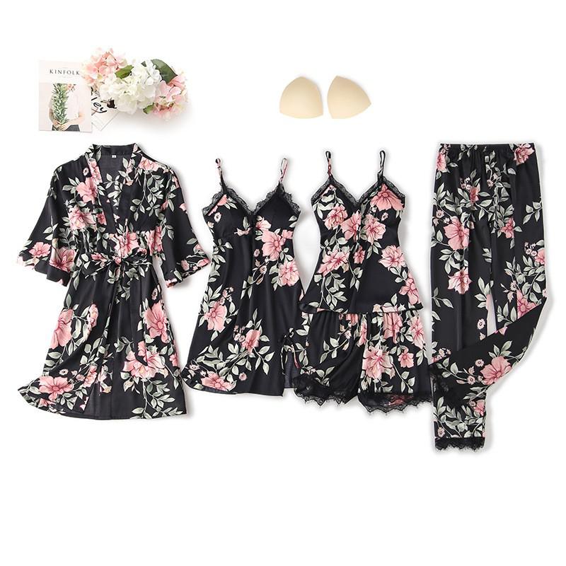 Black Sexy Women Robe Set Faux Silk Kimono Bathrobe Gown 5PCS Sleepwear Suit Hollow Out Lace Nightgown Home Wear Wedding Gift