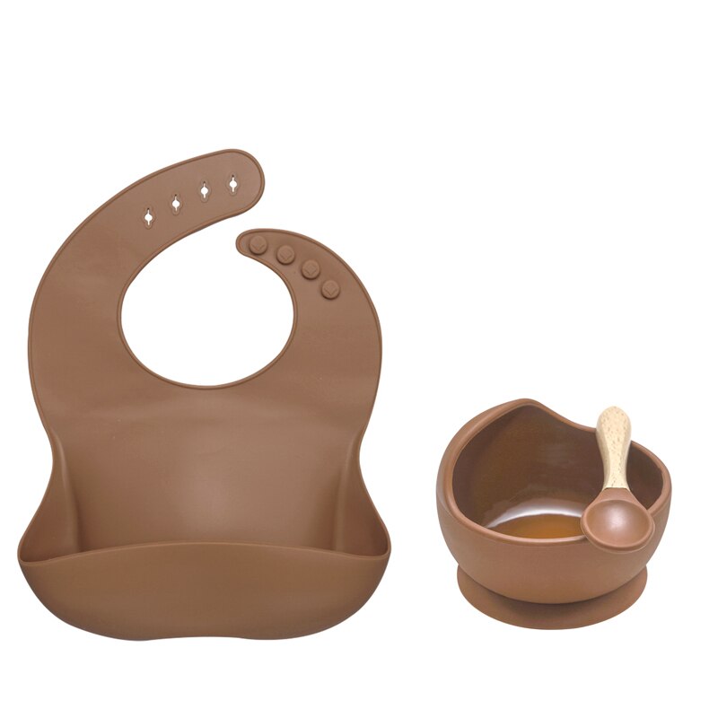 BPA Free Baby Silicone Tableware Waterproof Bib Flexible Saliva Towel Solid Color Sucker Bowl And Spoon For Children