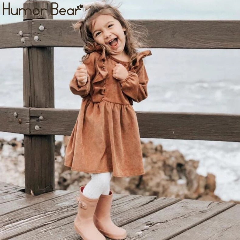 Humor Bär Herbst Winter Kleinkind Mädchen Kleid Langarm Baumwolle Rüschen Prinzessin Kleid Kinder Cord Plissee Mode Baby Kleid