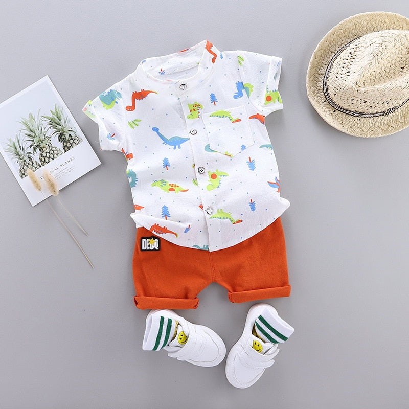 Summer Baby Boy Clothes Set Infant Cartoon Dinosaur Print Short Sleeve Shirt + Pants 1 2 3 4 Years Kid Toddler Boys Outfit