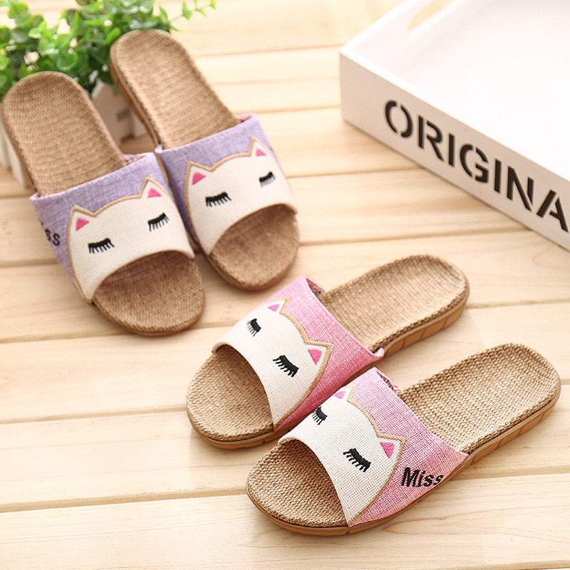 Suihyung Flax Slippers Women Summer Beach Shoes Cute Cat Flip Flops Breathable Slides Girls Indoor Linen Slippers Female Sandals