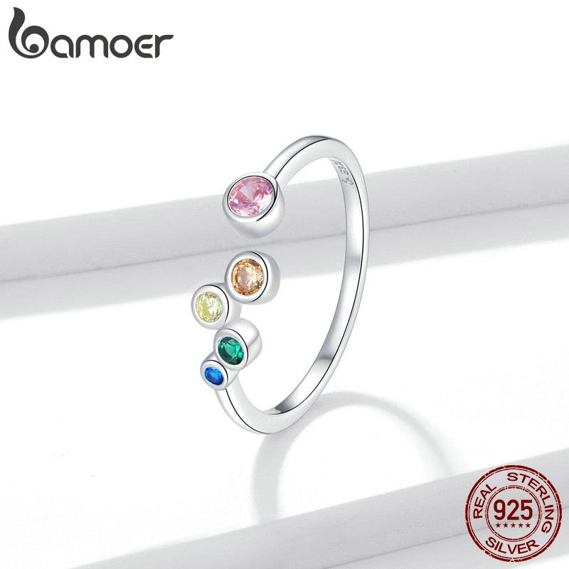 Anillo de sello de plata de ley 925 bamoer, anillos de dedo abiertos con burbujas de colores para mujer, joyería de estilo coreano de tamaño libre BSR149