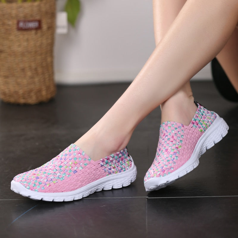 STRONGSHEN Women Shoes Summer Flats Breathe Female Sneaker Woven Walking Shoes Slip On Ladies Loafers Handmade Shoes Size 35-41