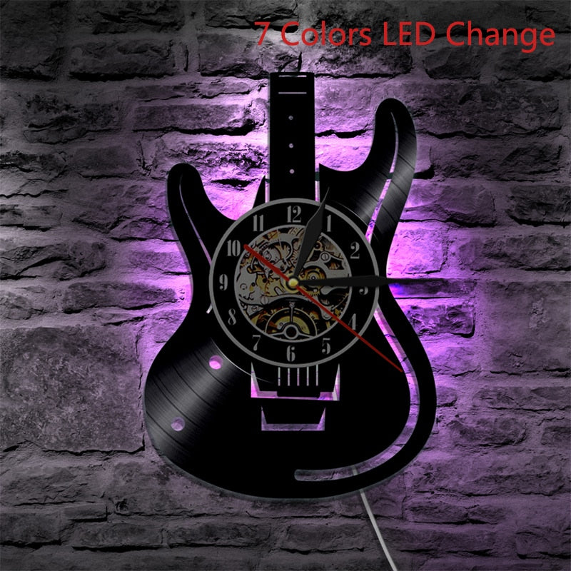 Vinyl Record LED Wall Clock Modern Design Music Theme Guitar Clock Wall Watch Home Decor Musical Instruments Gift For Music Love