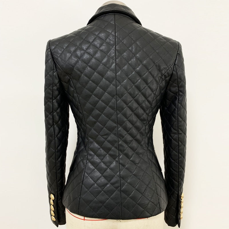 TOP QUALITY 2022 Newest Designer Jacket Women's Double Breasted Lion Buttons Grid Sewing Synthetic Leather Blazer