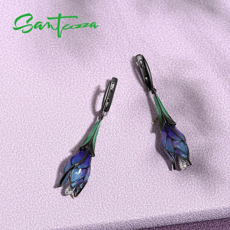 SANTUZZA Silver Jewelry Set for Women 925 Sterling Silver Purple Flower Earrings Pendant Set Trendy Fine Jewelry Handmade Enamel