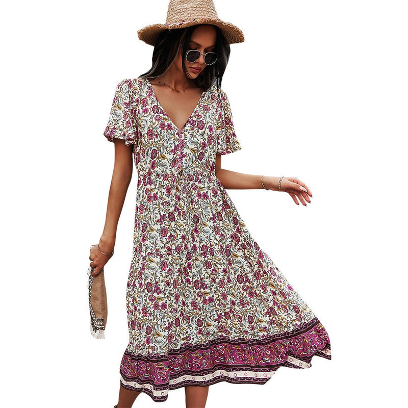 Deep V-Neck Summer Dress 2021 Beach Boho Floral Print Vintage Button Dresses Women Casual Loose A-Line Midi Long Elegant Robe