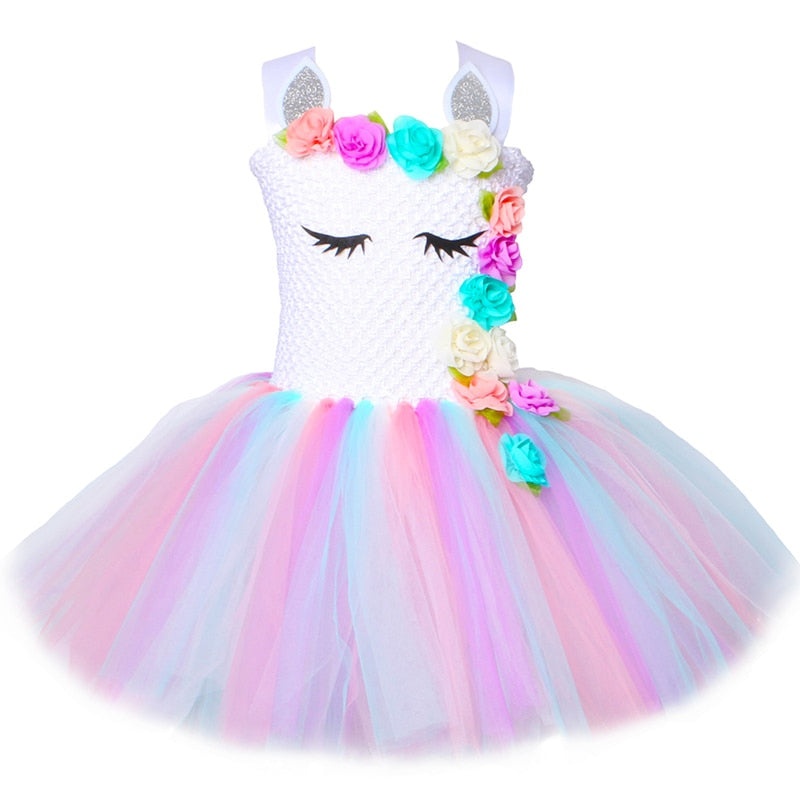 Flower Girls Unicorn Tutu Dress Pastel Rainbow Princess Girls Birthday Party Dress Children Kids Halloween Unicorn Costume 1-14Y