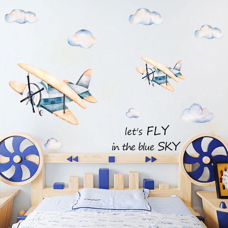 Fly in the sky Wall Stickers for Kids room Bedroom Eco-friendly Vinyl Wall Decals Cartoon Airplane Wall Murals Home Decoration