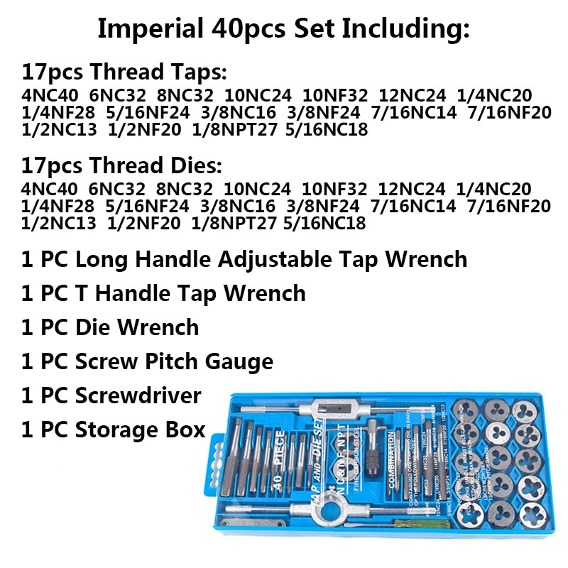 Tap And Die Set 8/20/40pcs Tap Wrench Threading Tools Metric/Imperial Hand Tapping Tools For Metalworking Screw Thread Tap Die