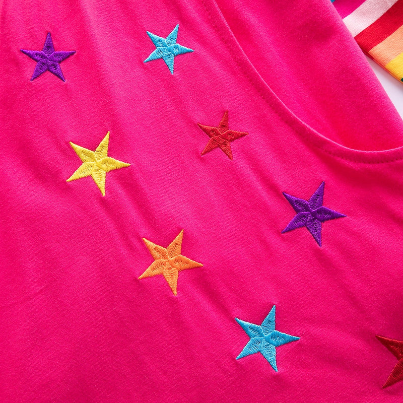 Girls Long Sleeve Star Embroidered Dress Girls Autumn New Style Two Pocket Rainbow Striped Sleeve Cotton Dress LH5809