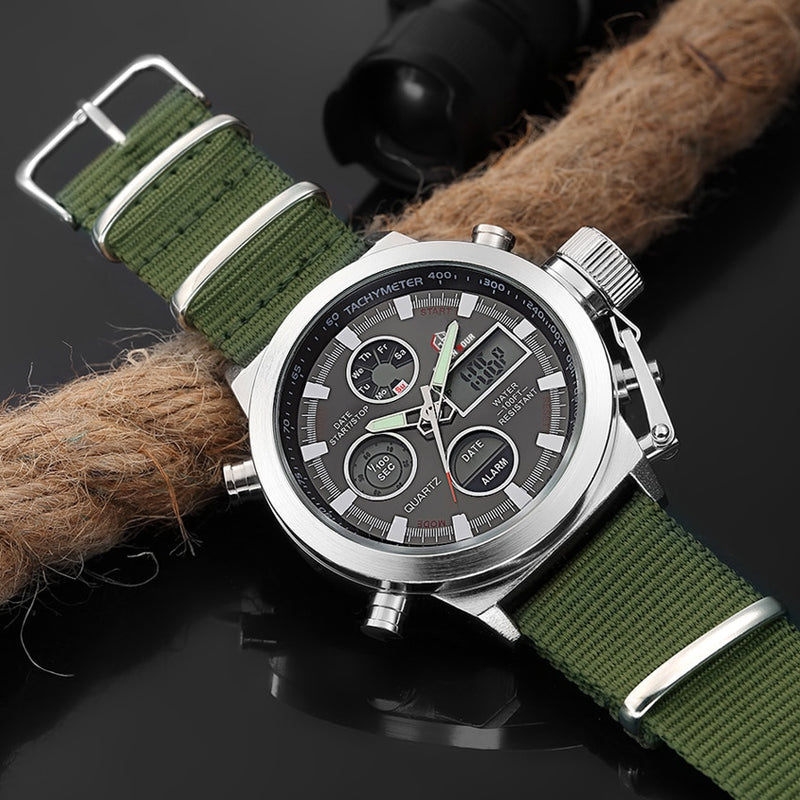 Reloj de pulsera deportivo GOLDENHOUR para hombre, reloj de cuarzo a la moda para hombre, correa de nailon, pantalla de semana, reloj LED militar del ejército, reloj Masculino