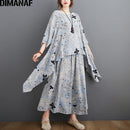 DIMANAF Plus Size Two Piece Set Suit Women Clothing Vinatge Print Elegant Lady Tops Shirt Linen Loose Pants Female Suit Summer
