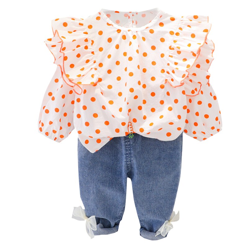 Spring Autumn Baby Girls Clothing Sets Kids Princess Clothes Lace Polka Dot Tops Bow-knot Jeans Toddler Infant Child Costume