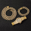 Necklace +Watch+Bracelet Hip Hop Miami Curb Cuban Chain Gold Color Iced Out Paved Rhinestones CZ Bling Rapper For Men Jewelry