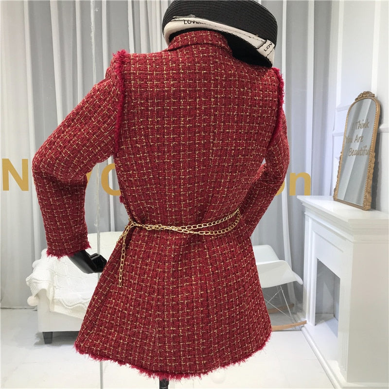 2020 New Gold thread Plaid Suit Coat Women Notched Double breasted Feather Tassel Trim Slim Tweed Jacket With Free Belt bag