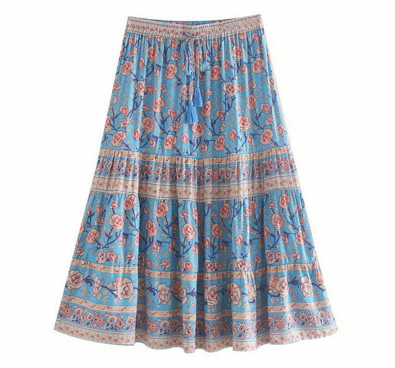 2019 Bohemian Stream Flower Print Long Skirt Stitching Ruched Ruffle Hem Holiday Women Lacing up Stream Waist Swing Skirts Beach