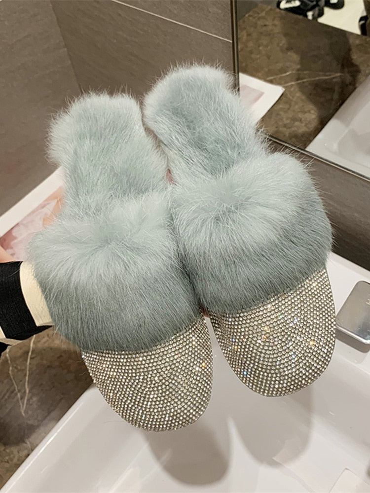 Women Slippers Ladies House Luxury 2023 Rhinestone Fur Crystal Winter Home Female Outdoor Mules Flats Shoes Slides For Women