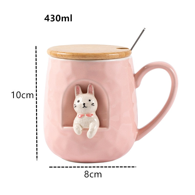 430ml Cute Animals Relief Ceramics Mug With Lid and Spoon Coffee Milk Tea Handle Cup Novelty Gifts