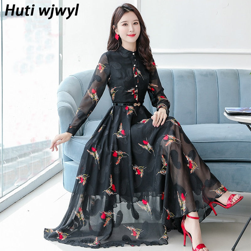 Vintage Chiffon Black Casual Midi Dress 2022 Autumn Winter Elegant Women Boho Prom Maxi Dress Party Long Sleeve Wedding Vestidos