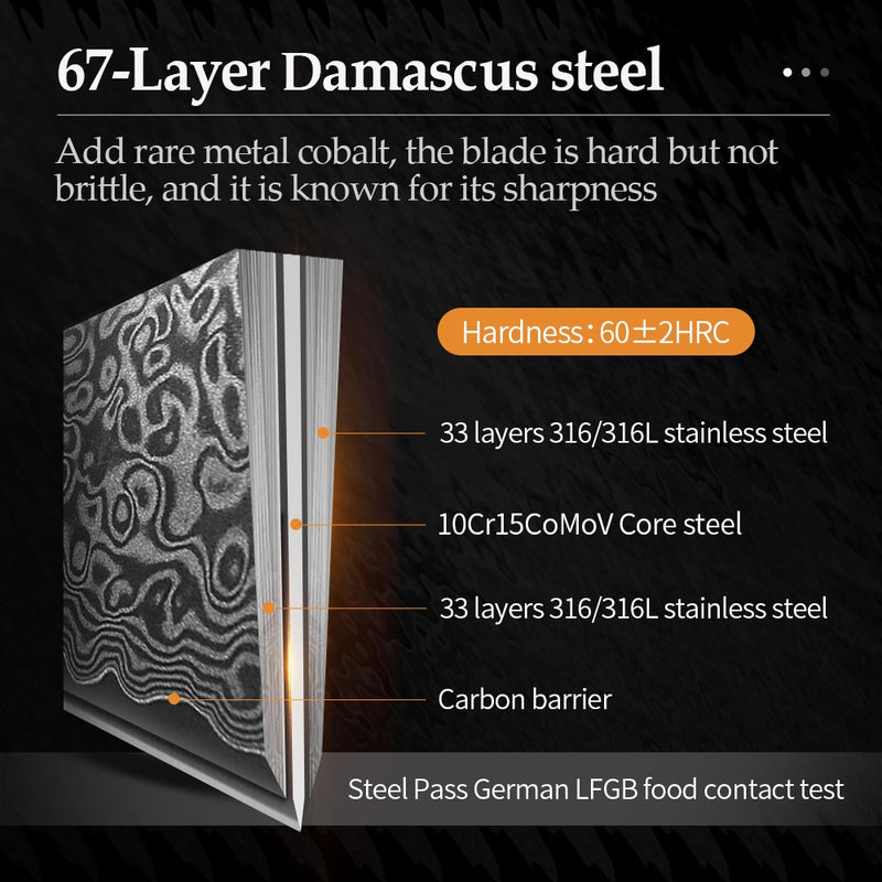 XINZUO 2-teiliges Küchenmesser-Set, 67 Lagen Damaskus High Carbon, 20,3 cm Koch- und 12,7 cm Allzweckmesser, Edelstahl mit Pakkawood-Griff