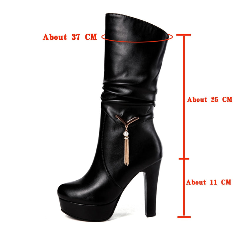 Big Size 34-43 Elegant Black Pleated mid-calf Boots Women 2020 Platform Boots Ladies slip-on High Heels Shoes Woman