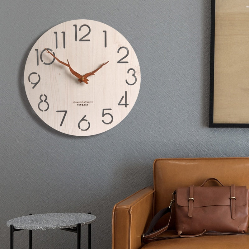 Reloj de pared 3D de madera, diseño moderno, decoración nórdica para habitación de niños, reloj de cocina, reloj de pared hueco artístico, decoración del hogar de 12 pulgadas