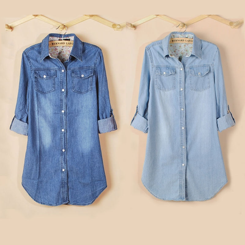 Neue Frühlingsmode Lange Lose Baumwolle Denim Frauen Blusen Langarmshirts Frauen Tops Jeans Bluse Weibliche Freizeitkleidung