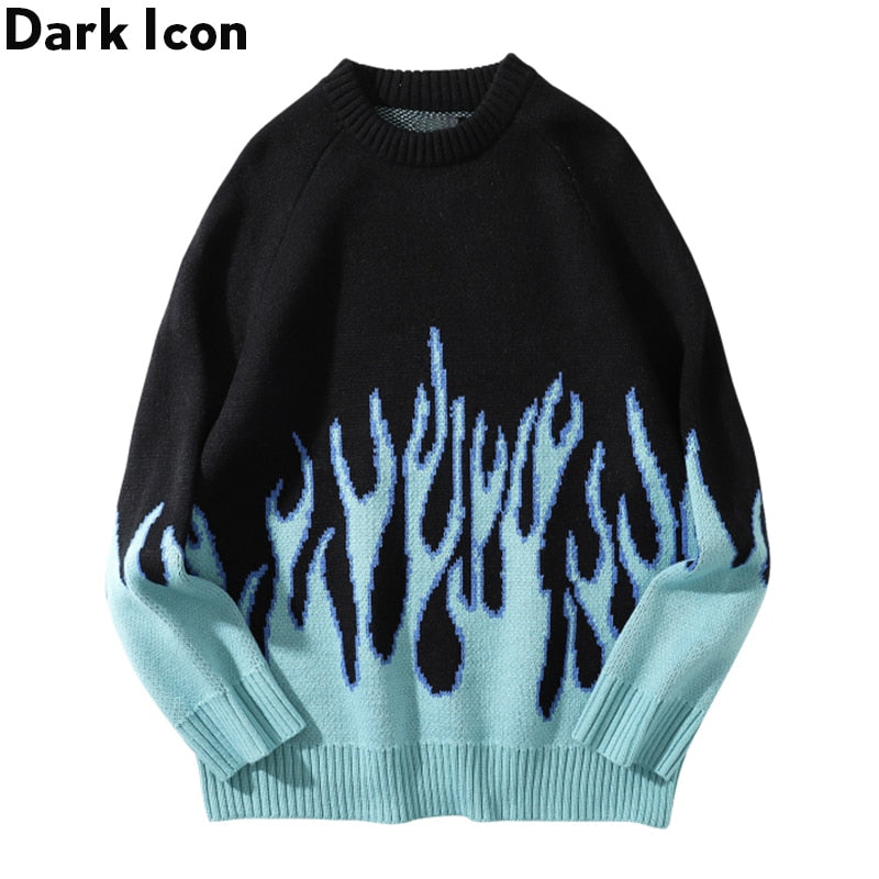 DARK ICON Blue Flame Sweater Me 2019 Winter Streetwear Men&
