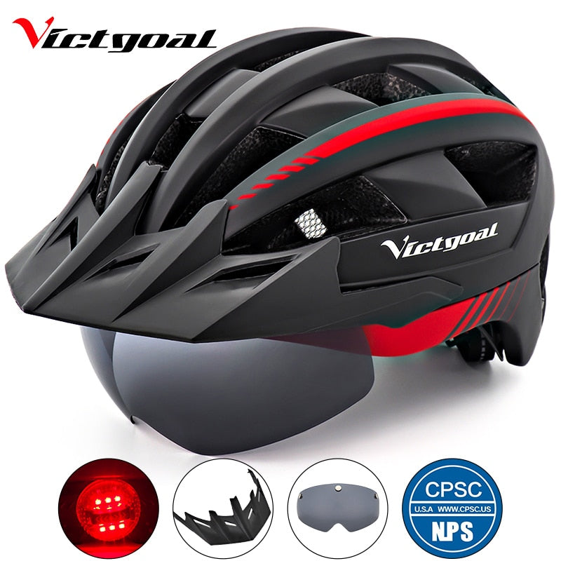 Victgoal Bicycle Helmet LED Moutain Road USB Rechargeable Light Cycling Helmet For Man Sun Visor Goggles Men MTB Bike Headgear