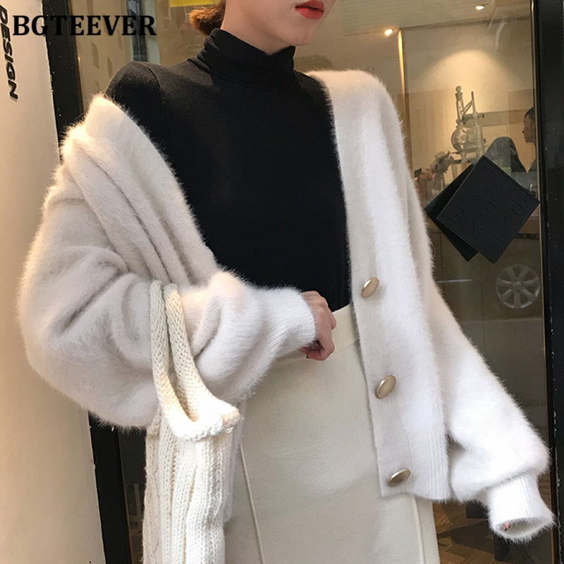 BGTEEVER Elegante Lose Frauen Strickjacken Laterne Ärmel Mohair Pullover Pullover 2020 Herbst Winter Weibliche Strickjacke Jacke