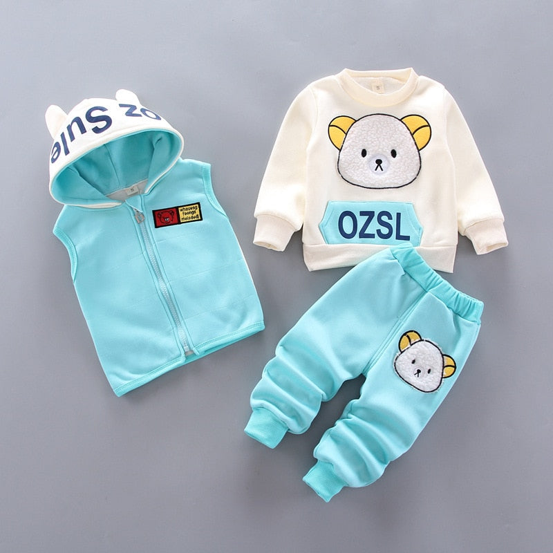 Winter Baby Girls Hooded Clothes Children Christmas Sets Vest+Coat+Pant 3 Pieces Boy Suits Cartoon Bear Garment For Kids 1-4 Age