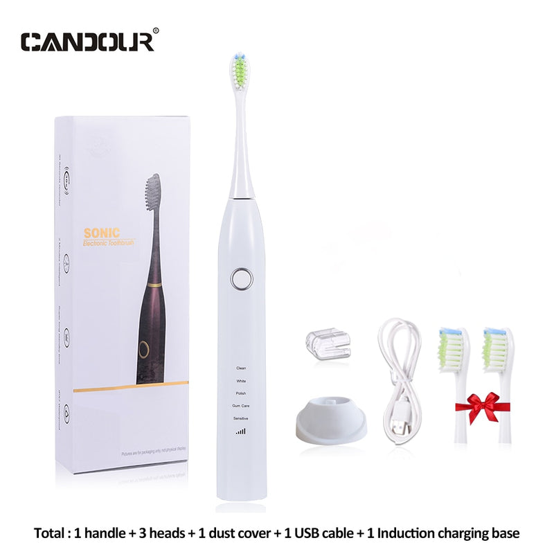 CANDOUR CD-5168 Sonic Electric Toothbrush Rechargeable Toothbrush IPX8 Waterproof 15 Mode USB Charger Replacement Heads Set
