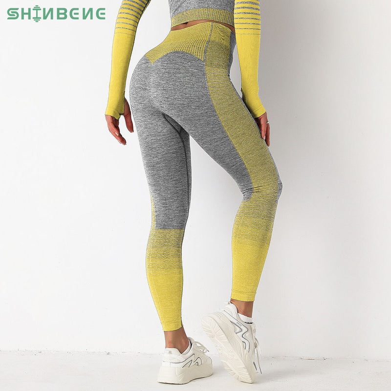 SHINBENE Stretchy High Waist Seamless Athletic Sport Workout Tights Women Striped Hip Enhancing Running Gym Fitness Leggings