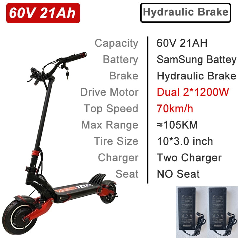 US-Lager Original Zero 10X Scooter 10-Zoll-Doppelmotor-Hochgeschwindigkeits-Elektroroller 60 V 2400 W E-Scooter 65 km / h Kostenlose Geschenke