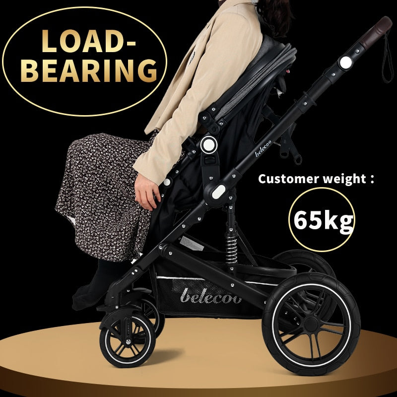 Belecoo Kinderwagen 3 in 1 Kinderwagen Hohe Landschaft Fit Neugeborene Reise Faltbarer Kinderwagen CE-geprüfter schwarzer Kinderwagen