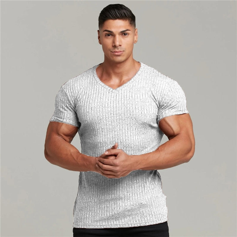 Herren V-Ausschnitt Kurzarm T-Shirt Fitness Slim Fit Sportstreifen T-Shirt Herren Solide Mode T-Shirts Tops Sommer Gestrickte Sportbekleidung