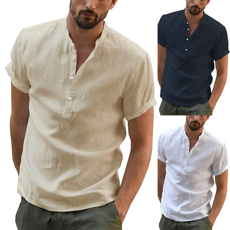 Men's Casual Cotton Linen Shirts Summer Short Sleeve Linen Turn-Down Collar Shirts Handsome Men Shirts