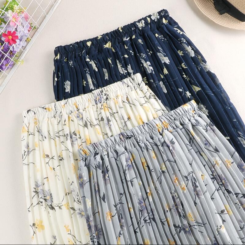 2021 Spring/Summer Women Skirt Floral Print Chiffon Skirts High Waist A-line Pleated Skirts Women Jupe Femme Faldas Saia Outwear